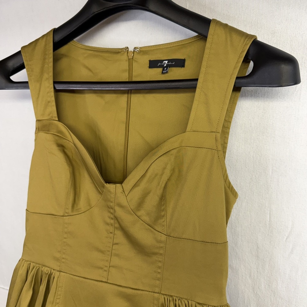 7 For All Mankind Gold/Khaki Bustier Midi Dress  Pockets Size 8 Flared Pleated
